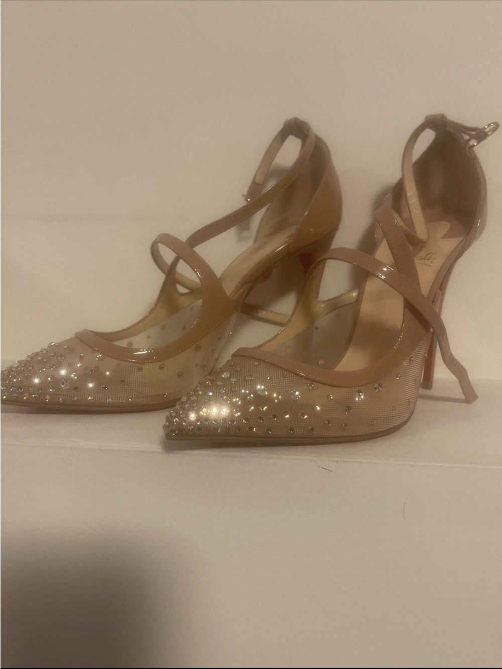 Loubitin Elegant Nude Crystal-Embellished Pointed-Toe Heels